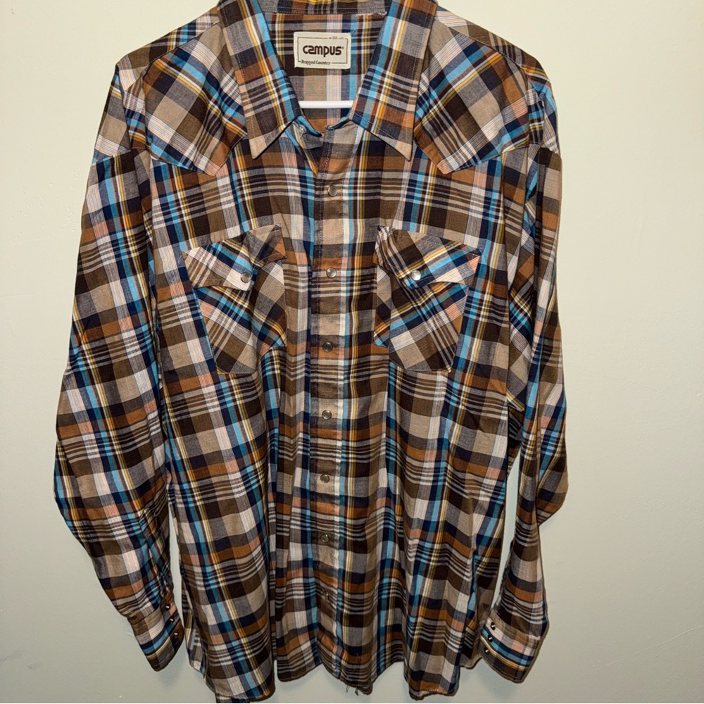 Campus Rugged Country  Men's Plaid Casual Shirt - Brown and Blue Pearl Snap